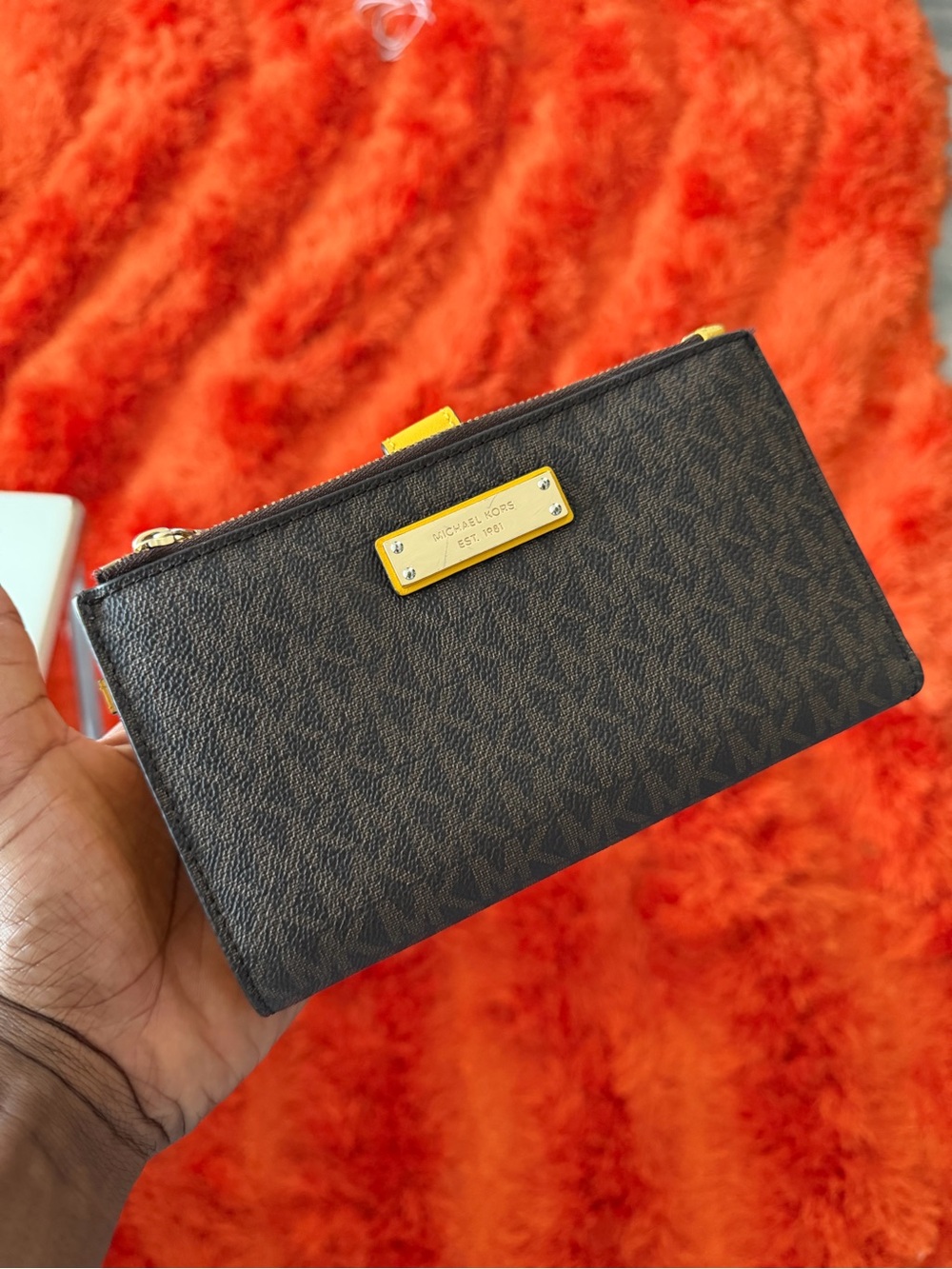 Michael Kors Brown MK Logo Zip Card Holder with Gold Plaque